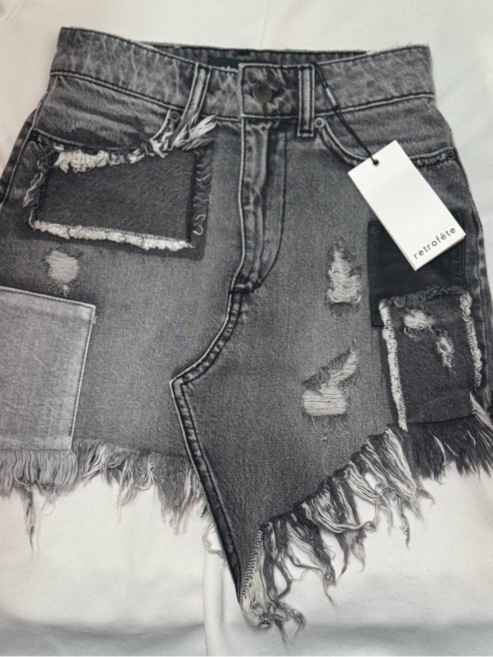 Retrofete Washed Black Patchwork Distressed Denim Mini Skirt